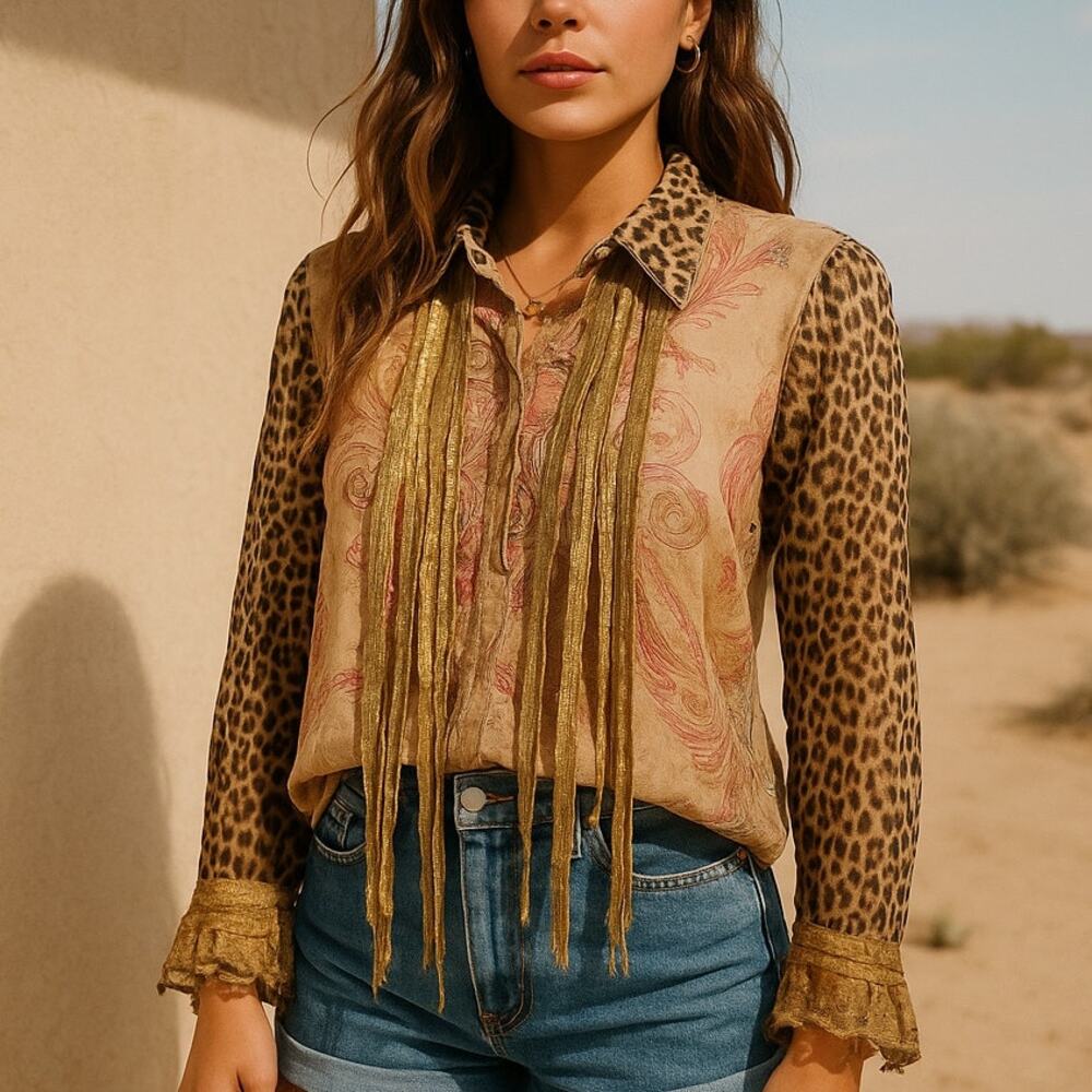 RARE Vintage Artsy Maximalist Boho Leopard Paisley Gold & Lace Fringe Festival M